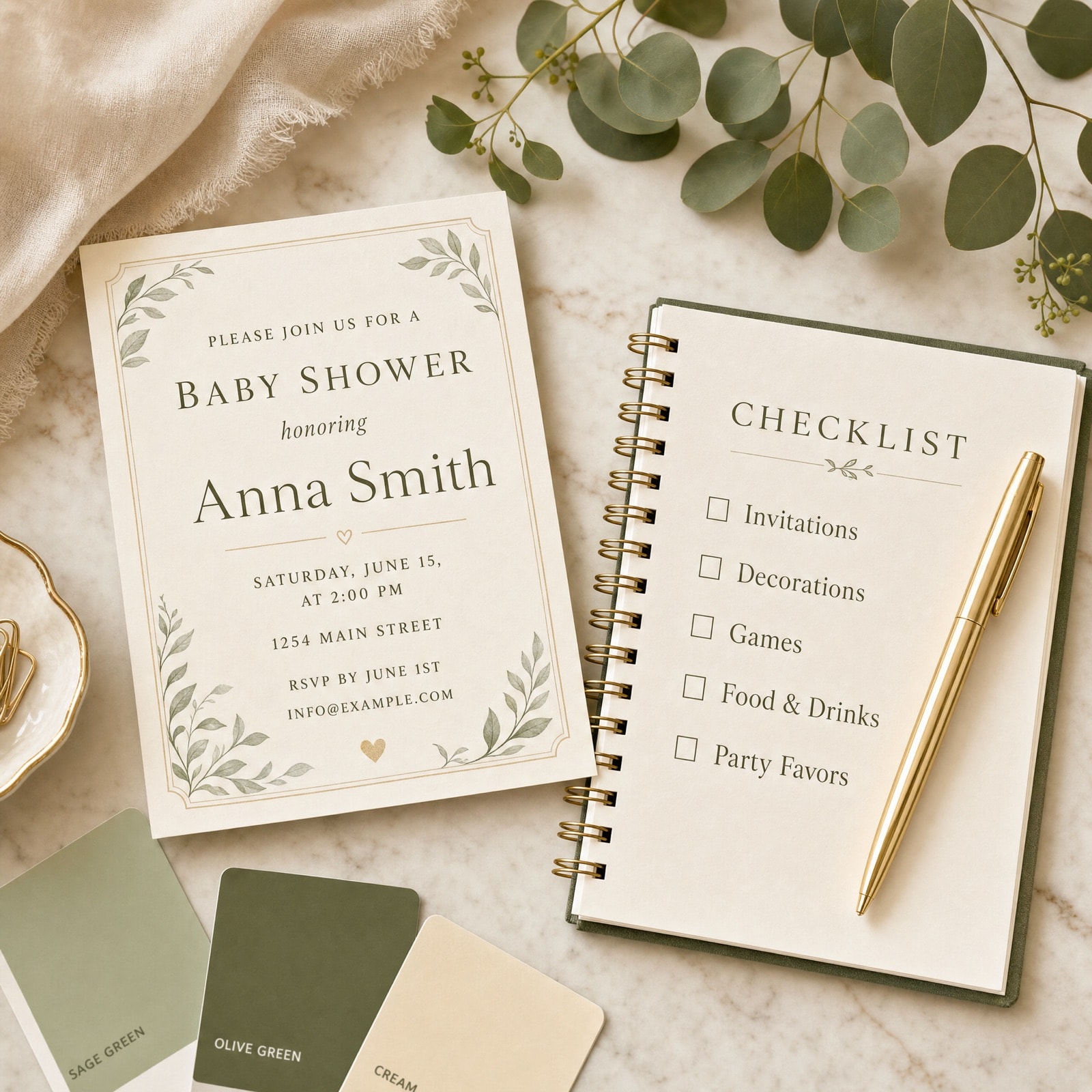 A baby shower invitation and a spiral notebook with a party checklist, laid out on a marble table beside eucalyptus leaves