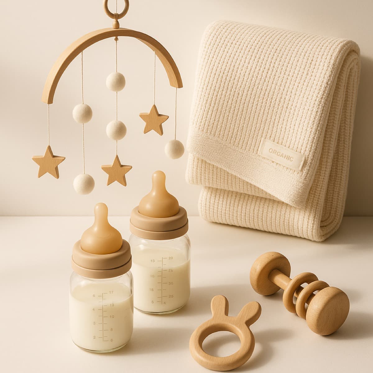 Baby gifts in soft neutrals: a wooden mobile, two glass bottles, a knitted blanket and wooden toys
